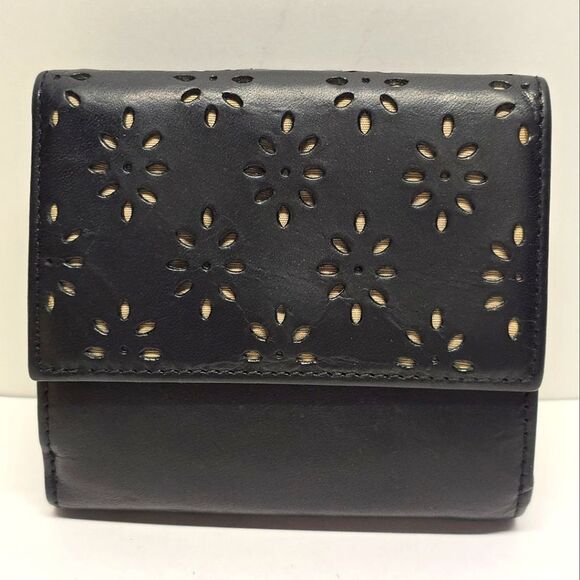 Ralph Lauren Black Genuine Leather Floral Eyelets Bifold Wallet - Picture 1 of 8
